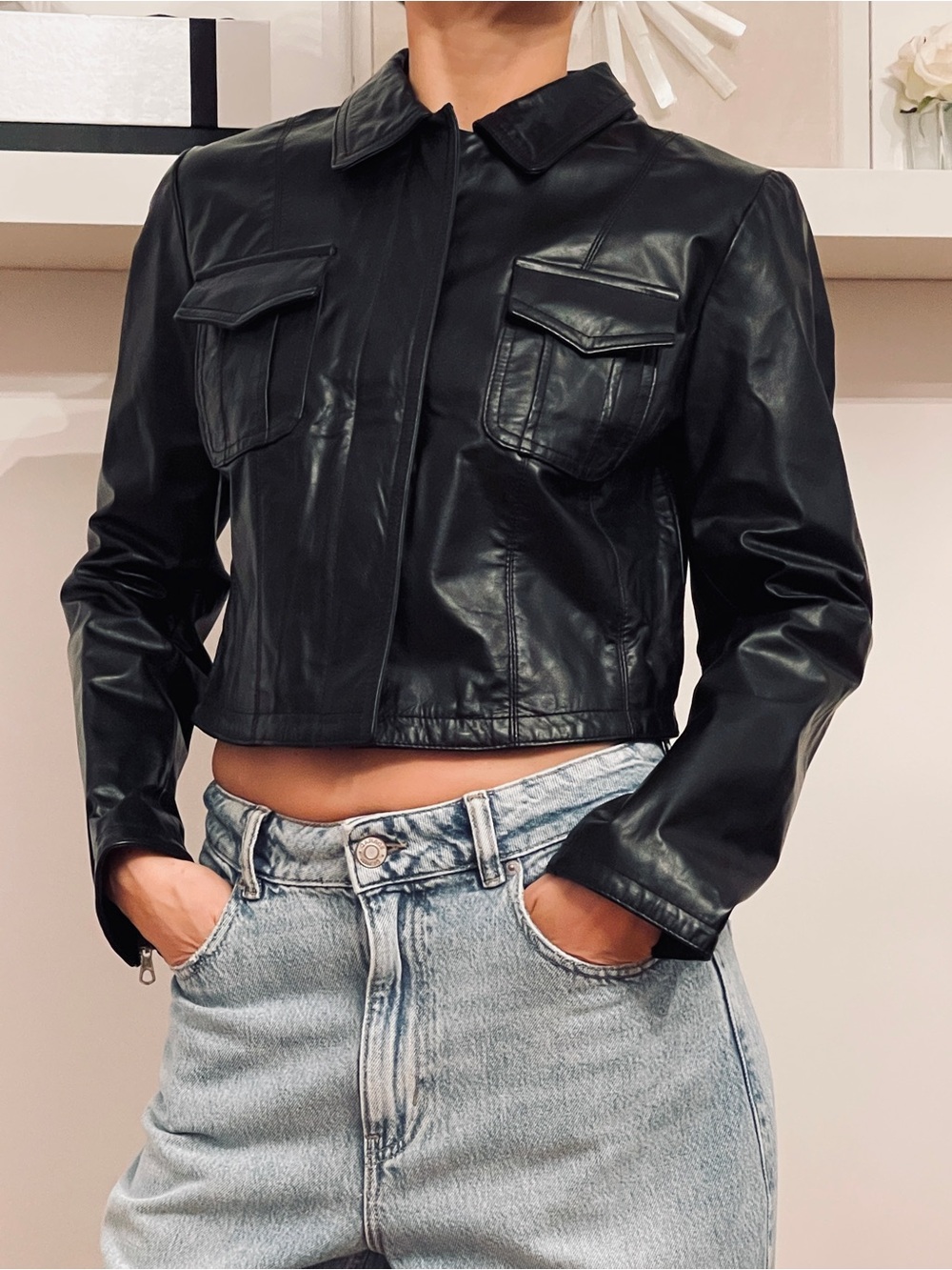 Vintage Black Cropped Faux Leather Jacket with Flap Pockets